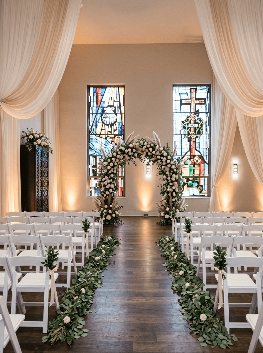 Chatelet ceremony space with stained glass windows and white chairs