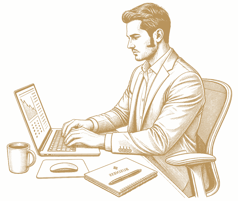 Line drawing of a professional working at a desk