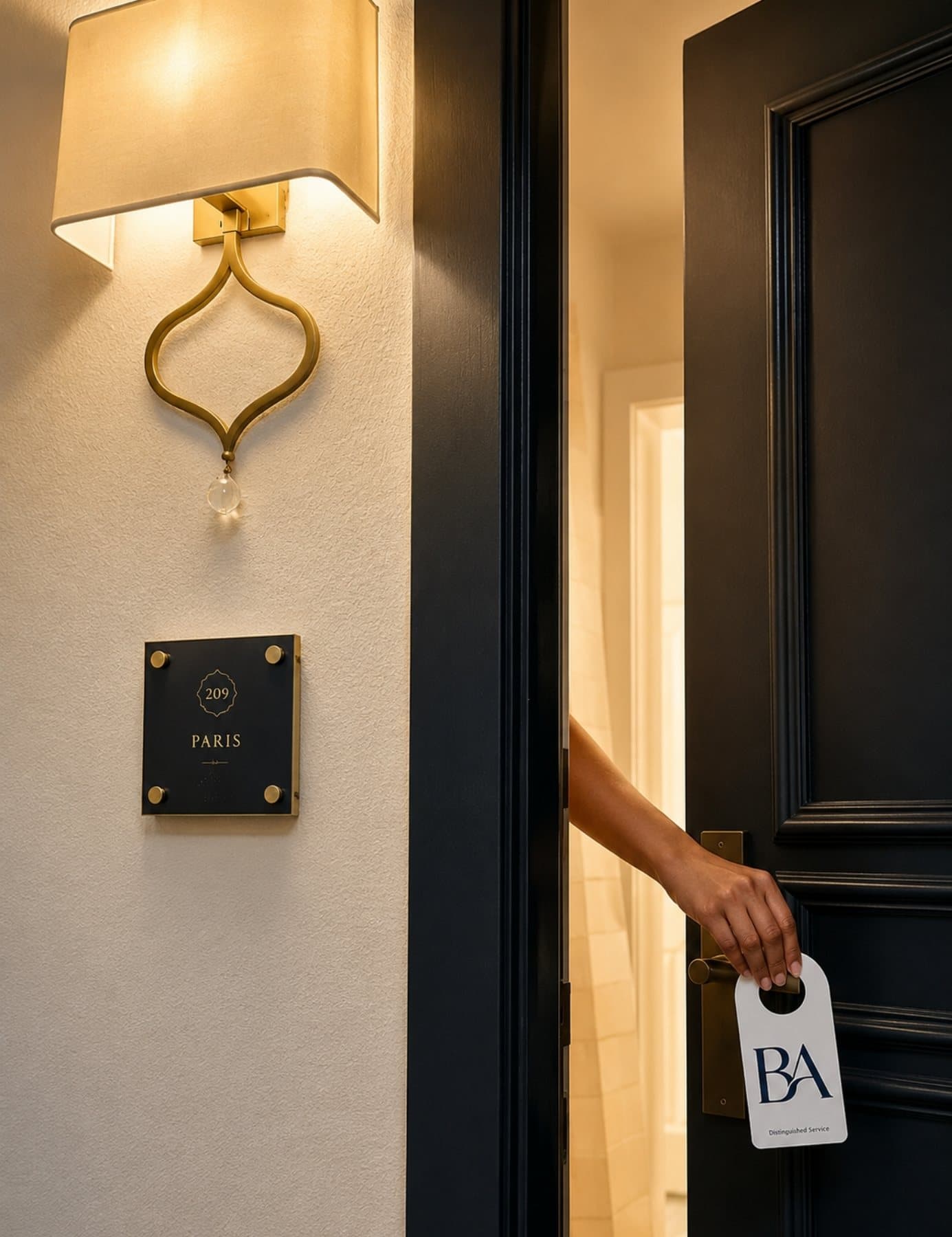 A hand hanging a Bishop Arts Hotel door tag on a guest-room door