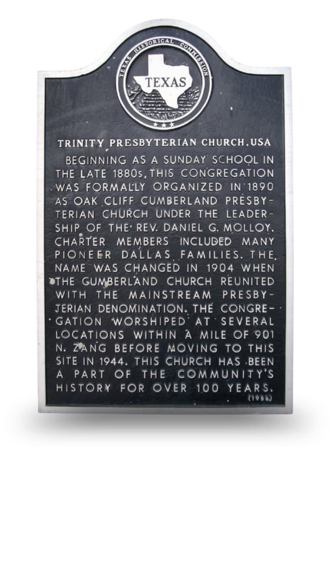 The Texas Historical Marker for Trinity Presbyterian Church, mounted at the property