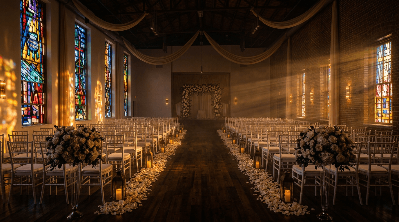 Chatelet Dallas venue with hand-restored stained glass at golden hour