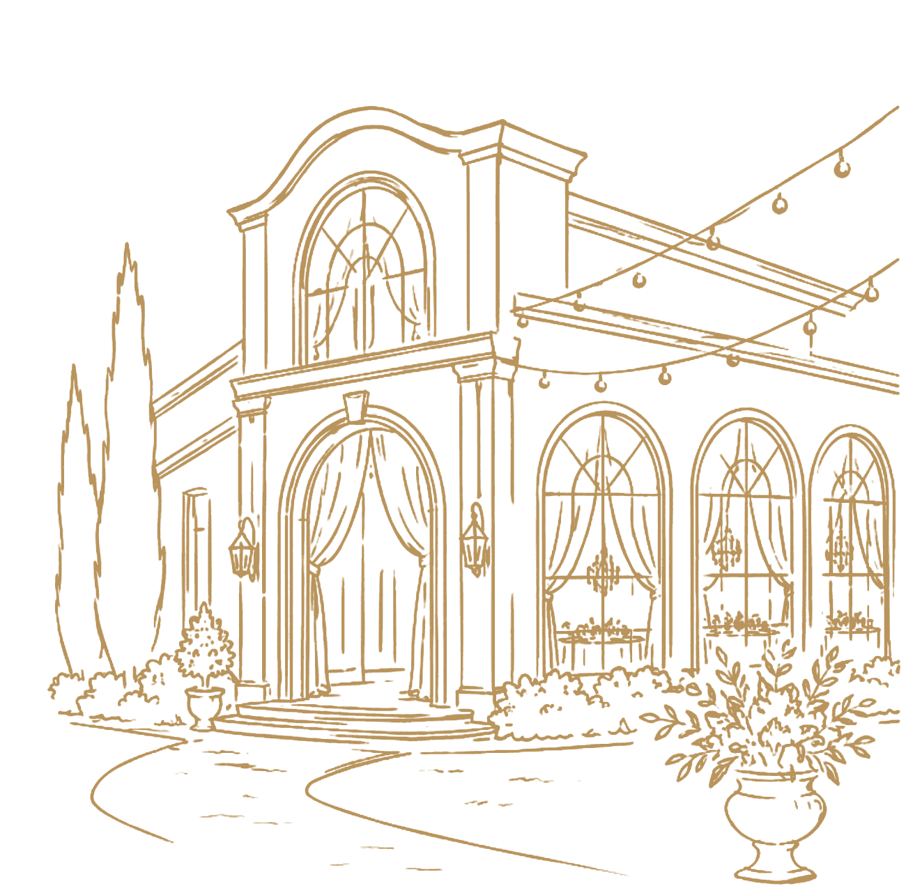 Line drawing of the Châtelet venue with string lights and topiaries